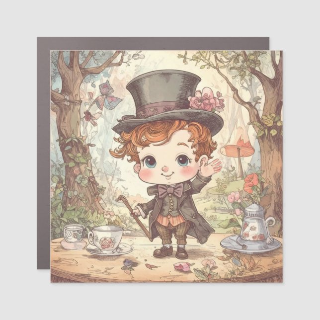 Cute Mad Hatter Whimsical Wonderland Woodland Art Car Magnet (Front)