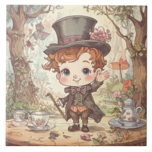 Cute Mad Hatter Whimsical Wonderland Woodland Art Ceramic Tile (Front)