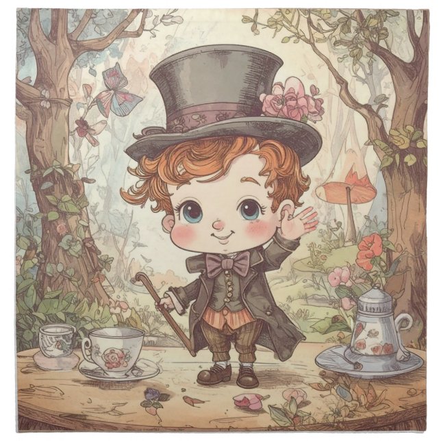 Cute Mad Hatter Whimsical Wonderland Woodland Art Cloth Napkin (Front)
