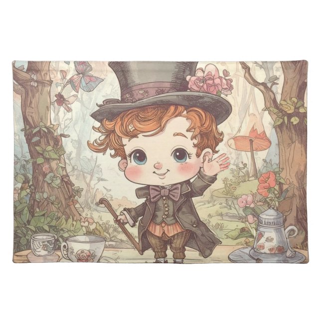 Cute Mad Hatter Whimsical Wonderland Woodland Art Cloth Placemat (Front)
