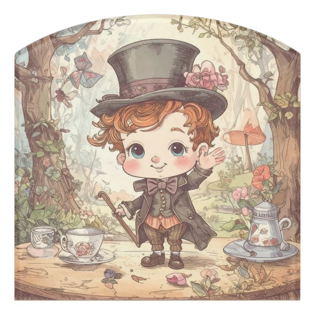 Cute Mad Hatter Whimsical Wonderland Woodland Art Door Sign (Contour Front)