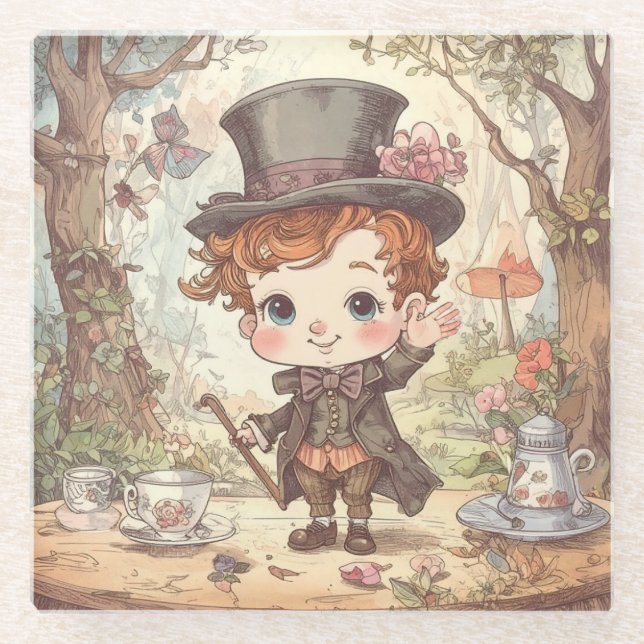 Cute Mad Hatter Whimsical Wonderland Woodland Art Glass Coaster (Front)