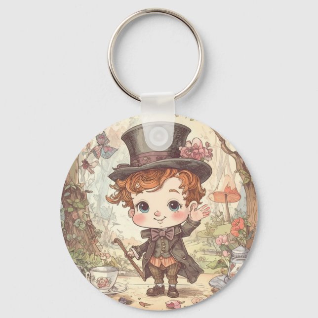 Cute Mad Hatter Whimsical Wonderland Woodland Art Keychain (Front)