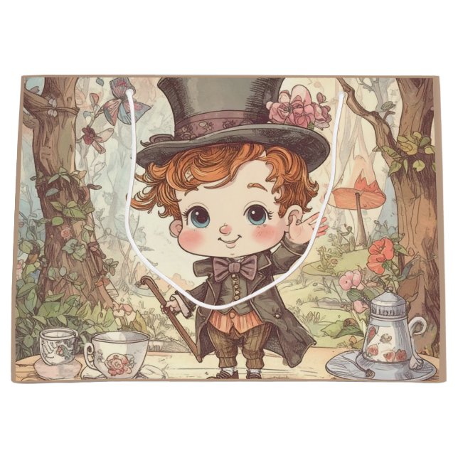 Cute Mad Hatter Whimsical Wonderland Woodland Art Large Gift Bag (Front)