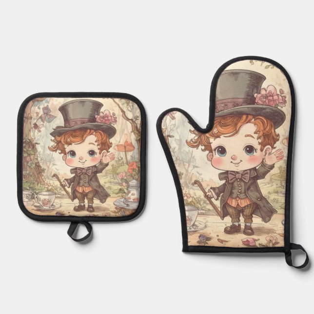 Cute Mad Hatter Whimsical Wonderland Woodland Art Oven Mitt & Pot Holder Set (Front)