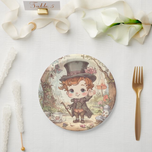 Cute Mad Hatter Whimsical Wonderland Woodland Art Paper Plates (Wedding)