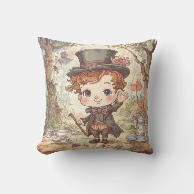 Cute Mad Hatter Whimsical Wonderland Woodland Art Throw Pillow (Front)