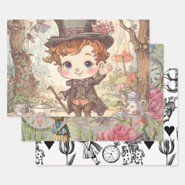 Cute Mad Hatter Whimsical Wonderland Woodland Art Wrapping Paper Sheets (Set)