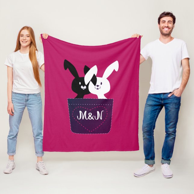 Cute Magenta Black And White Love Bunnies Monogram Fleece Blanket (In Situ)