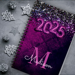 Cute magenta black faux glitter 2025 monogram  planner