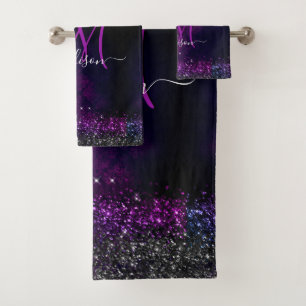 Cute magenta black faux glitter monogram bath towel set