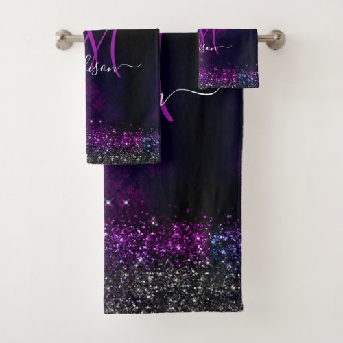 Cute magenta black faux glitter monogram bath towel set