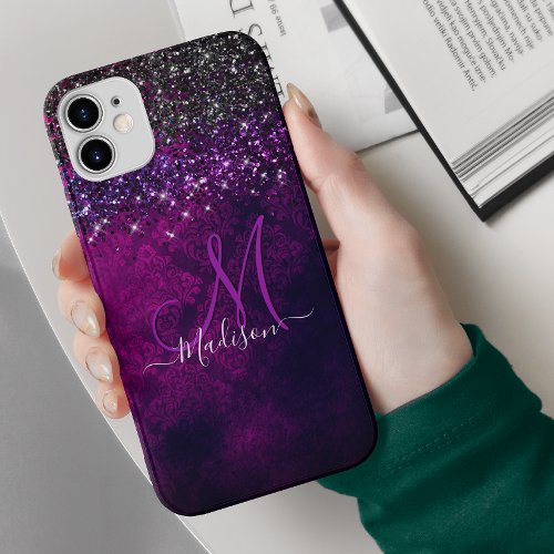 Cute magenta black faux glitter monogram Case_Mate iPhone 14 case