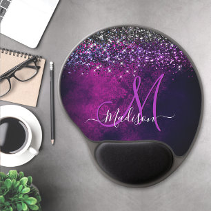 Cute magenta black faux glitter monogram gel mouse pad