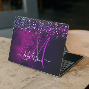 Cute magenta black faux glitter monogram HP laptop skin