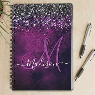 Cute magenta black faux glitter monogram notebook