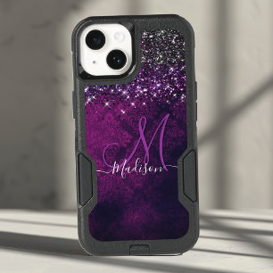 Cute magenta black faux glitter monogram OtterBox iPhone 14 case
