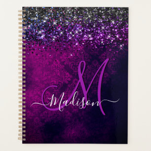 Cute magenta black faux glitter monogram planner