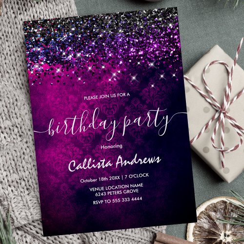 Cute magenta black faux glitter unique girly invitation