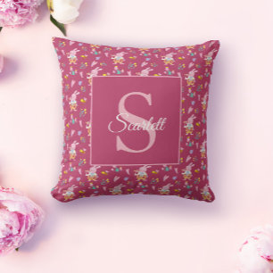 Cute magenta bunny garden pattern Monogram Name Throw Pillow
