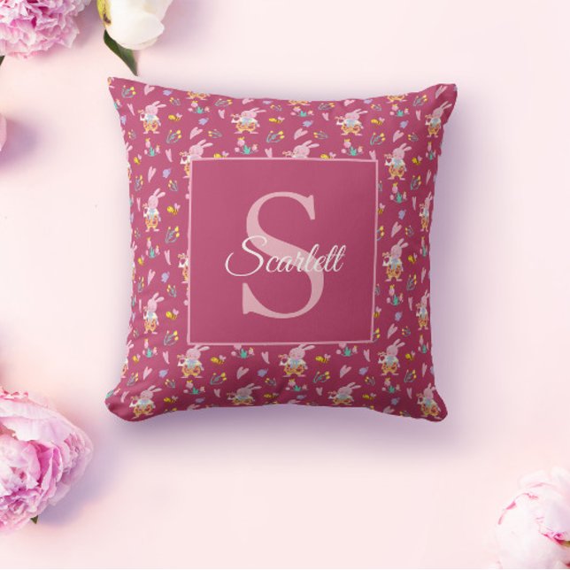 Cute magenta bunny garden pattern Monogram Name Throw Pillow (Creator Uploaded)