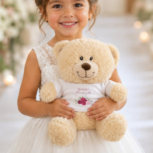 Cute Magenta Pink Roses Flower Girl Wedding Favor Teddy Bear