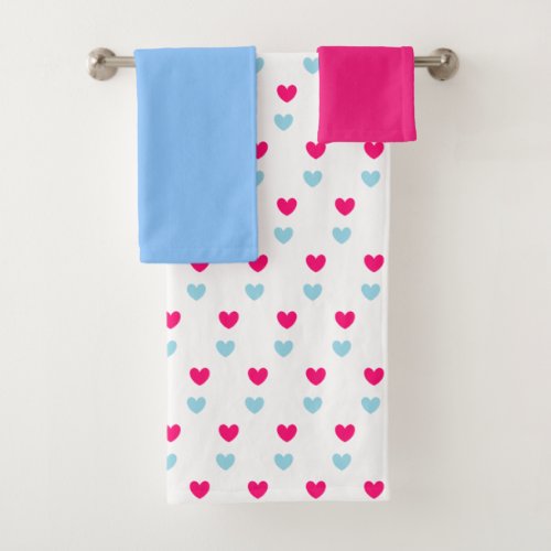 Cute Magenta Red  Light Blue Hearts Bath Towel Se