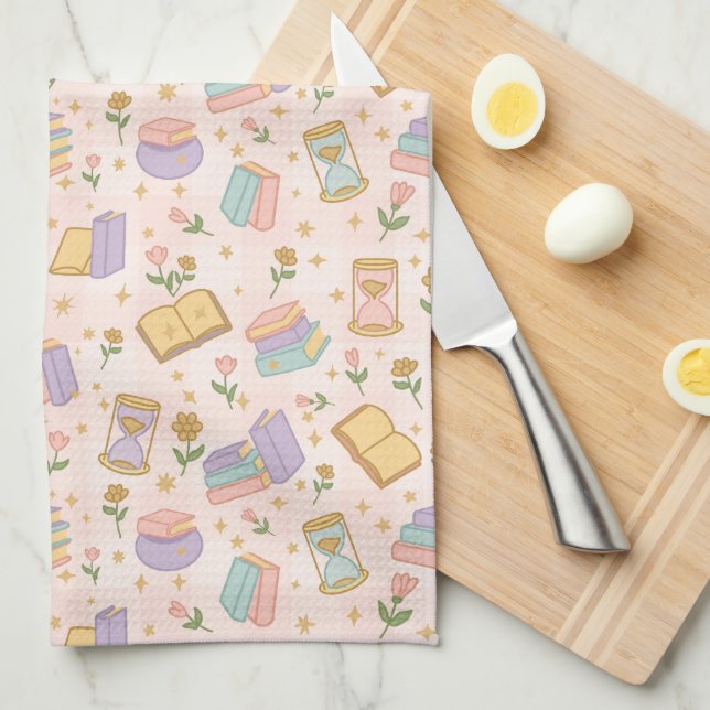 Cute Magic Books Pastel Pink Kitchen Towel (Quarter Fold)
