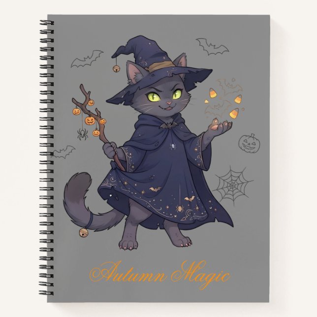 Cute Magic Cat Halloween Spiral Notebook (Front)