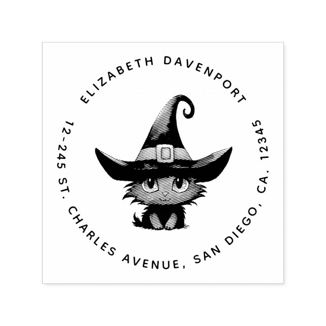 Cute Magic Cat Wearing a Witch's Hat Address Self-inking Stamp (Design)