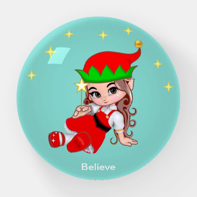 Cute magic fairy and stars on teal paperweight (Front)