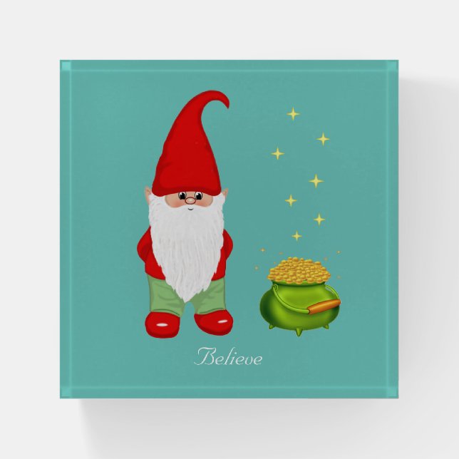 Cute Magic Gnome & Pot of Gold Paperweight (Front)