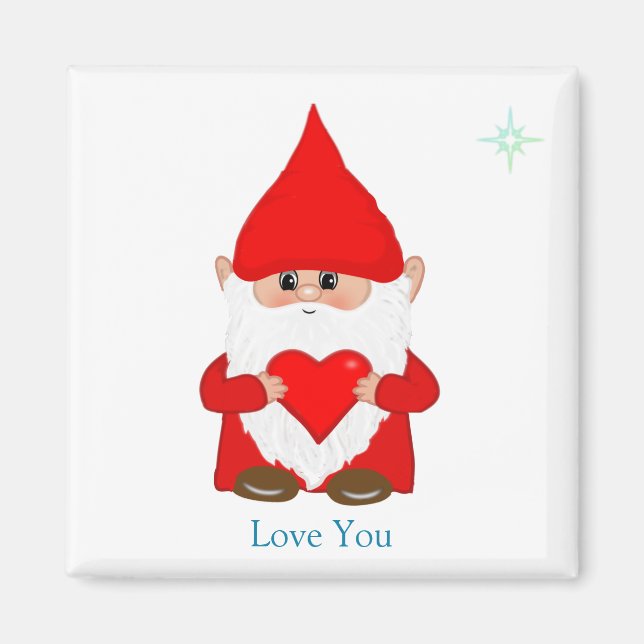 Cute magic gnome with heart on white magnet (Front)