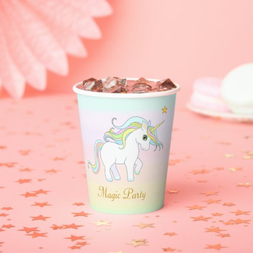 Cute Magic Unicorn and Star on Pastel Colors Party Paper Cups