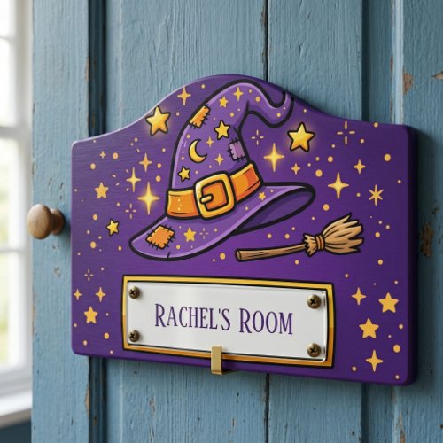 Cute Magic Witch Hat and Broom with Stars Door Sign