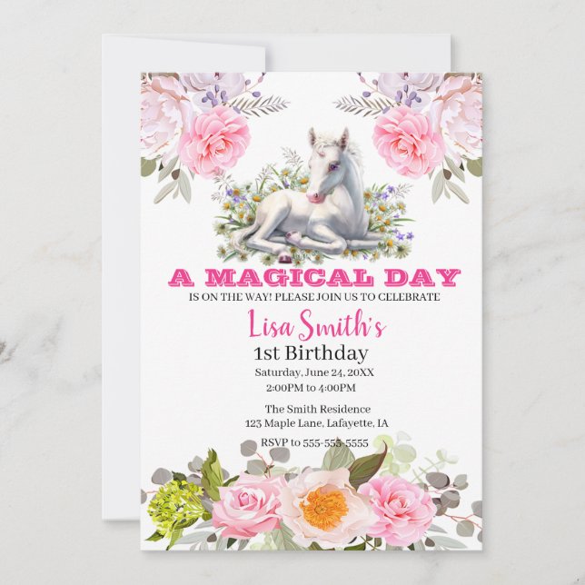 Cute Magical Baby Unicorn 1st Birthday Invitation (Front)