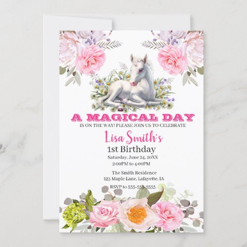 Cute Magical Baby Unicorn 1st Birthday Invitation