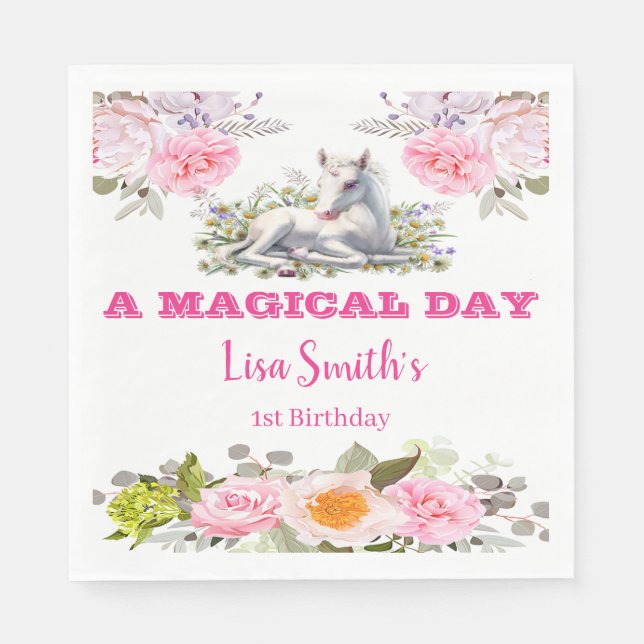 Cute Magical Baby Unicorn 1st Birthday Napkins (Front)