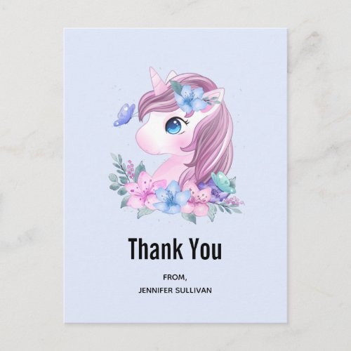 Cute  Magical Baby Unicorn Watercolor Thank You Postcard