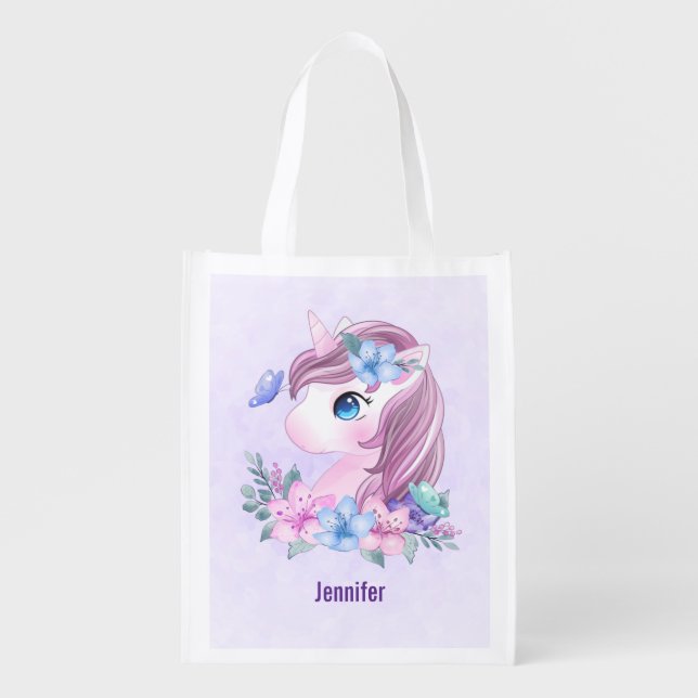 Cute & Magical Baby Unicorn with Big Eyes Grocery Bag (Front)