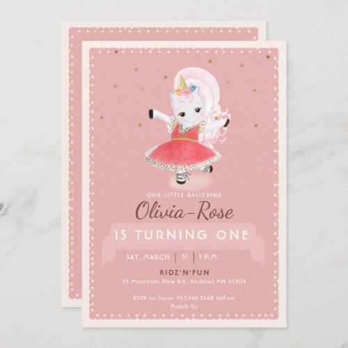 Cute Magical Ballerina Unicorn Pink Girl Birthday Invitation