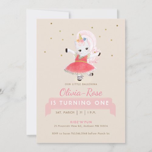  Cute Magical Ballerina Unicorn Rose Girl Birthday Invitation