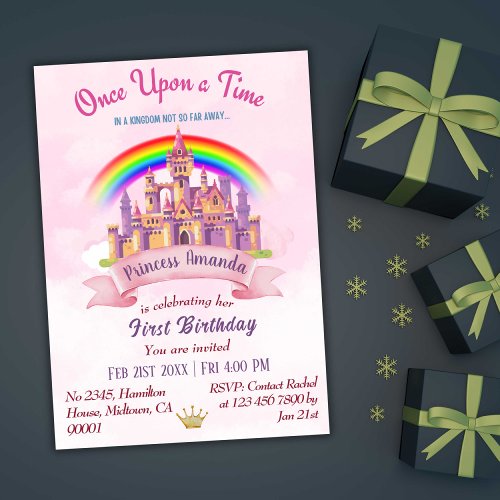 Cute magical castle rainbow princess 1st birthday invitation