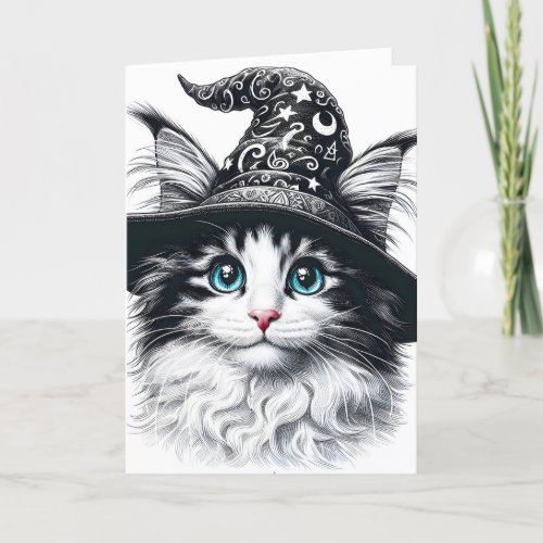 Cute Magical Cat in Wizard Hat Color Splash Card