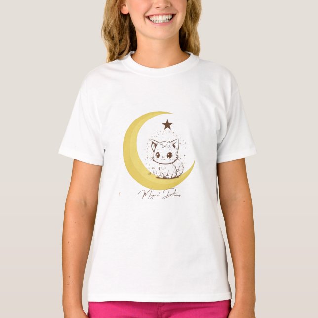 Cute Magical Cat on Moon Starry Dreams - Round Cla T-Shirt (Front)