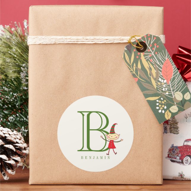 Cute Magical Christmas Elf And Monogram Holiday Classic Round Sticker (Holiday)