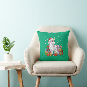 Cute Magical Christmas Unicorn with Santa Hat Throw Pillow