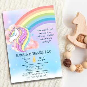 Cute magical colorful unicorn rainbow 2nd birthday invitation