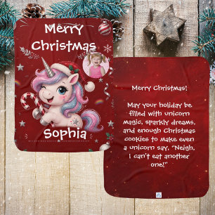 Cute Magical Crimson Christmas Unicorn Girl Photo Baby Blanket