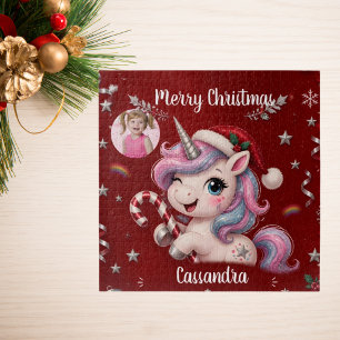 Cute Magical Crimson Christmas Unicorn Girl Photo Jigsaw Puzzle